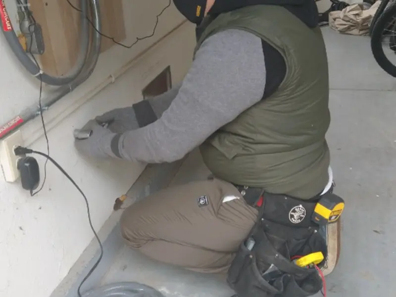 Electrician performing outlet wiring in a Fairfax Station garage